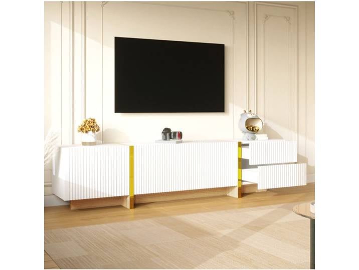 Meuble TV - 3 portes - 2 tiroirs - blanc avec finitions dorées - 190x35x45cm