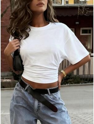 Universal Stock Women's Crop Top Casual Summer T Shirt Oversized Drop Shoulder Streetwear Tee white l