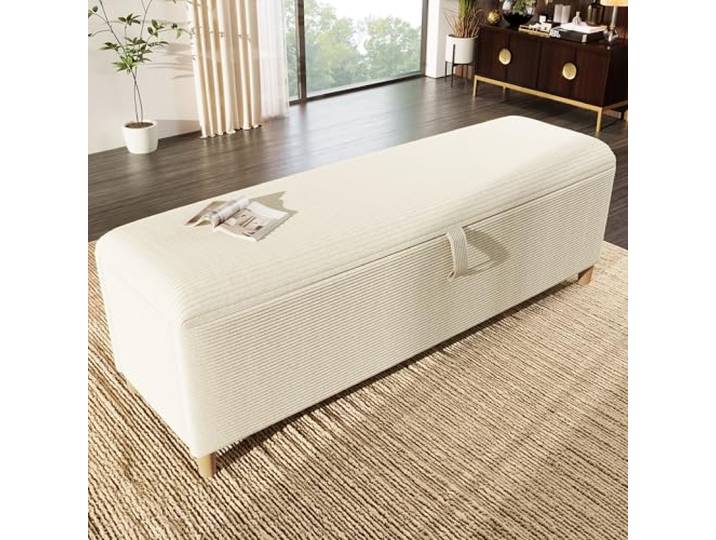 Merax Sitzbank mit Stauraum 165cm, Bettbank Polsterbank Fußbank, Mit Gasdruckfeder hochklappen, Aufbewahrungsbox mit stabilen Holzbeinen, Sofabank fur Flur, Schlafzimmer, Wohnzimmer, Cord-Optik, Beige