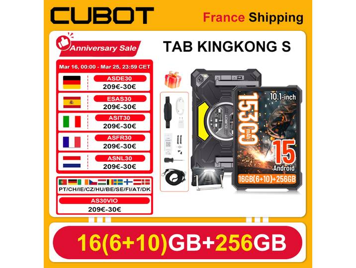 [Expédié de France] Tablette Cubot TAB KingKong S 10,1'' Écran 90Hz Android 15 15300mAh 16 Go (6+10) 256 Go Lampe de camping 48MP