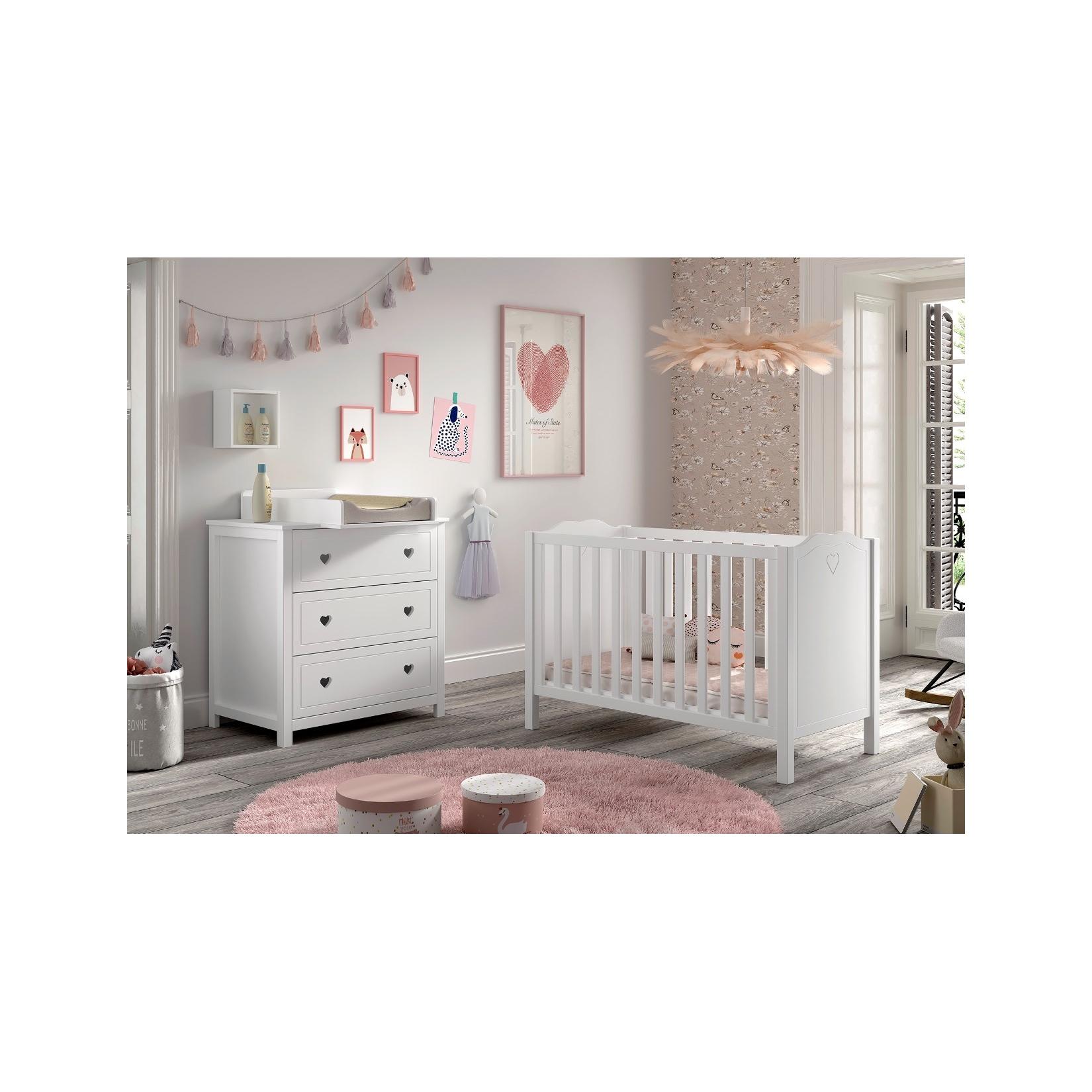 AMORI 3-tlg Set best. aus: Babybett 60x120 cm, Kommode m. 3 Schubladen, Wickelaufsatz, weiß lackiert