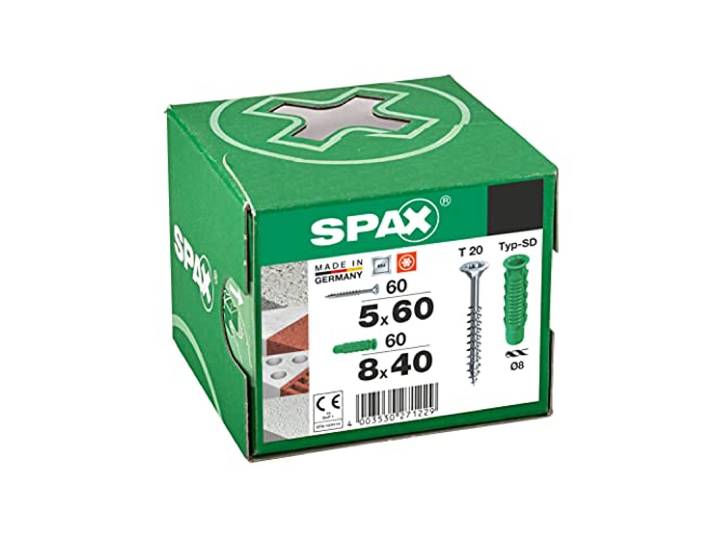 SPAX Kit de Fixation Vis 5x60 mm T20 et Chevilles SD 8x40 mm\, 120 pcs. Kit universel avec chevilles nylon 4 directions et vis à tête fraisée pour béton\, brique et béton cellulaire.