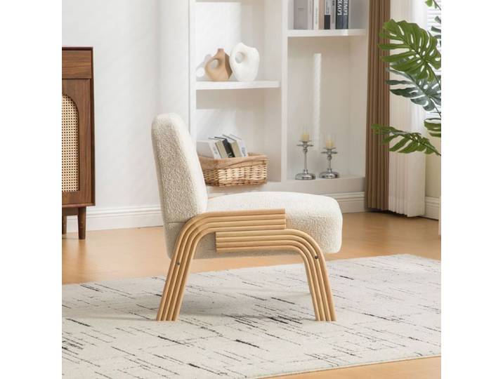 Fauteuil lounge - SOGEU - 72x61x78 cm - Chenille beige - Pieds bois massif - Sans accoudoirs