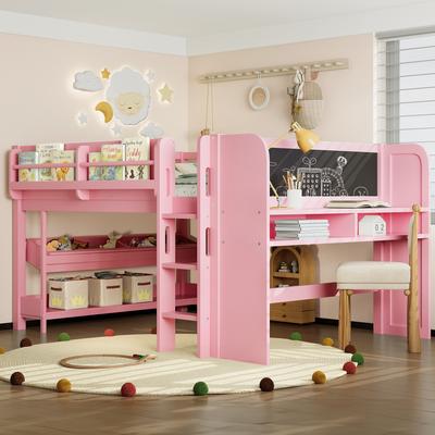 GREATPLANINC Solid Wood Loft Bed with Desk Blackboard Bookcases Storage Boxes Drawers