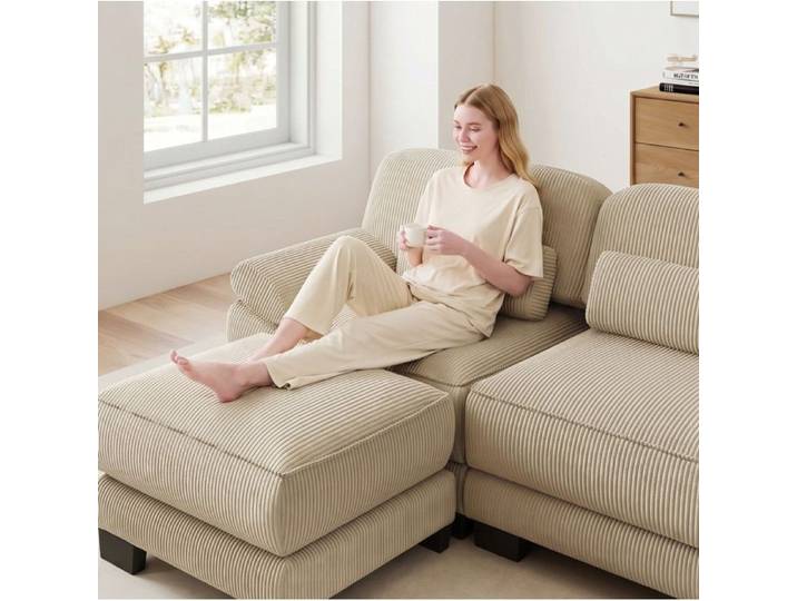 COVREO Canapé modulable 2 places avec 2 poufs en velours côtelé beige