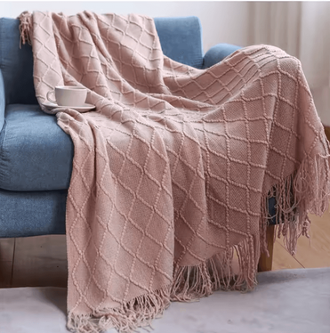 Inspire Curations Cream White Textured Knitted Throw Blanket With Tassels diamond Pink 127x172cm