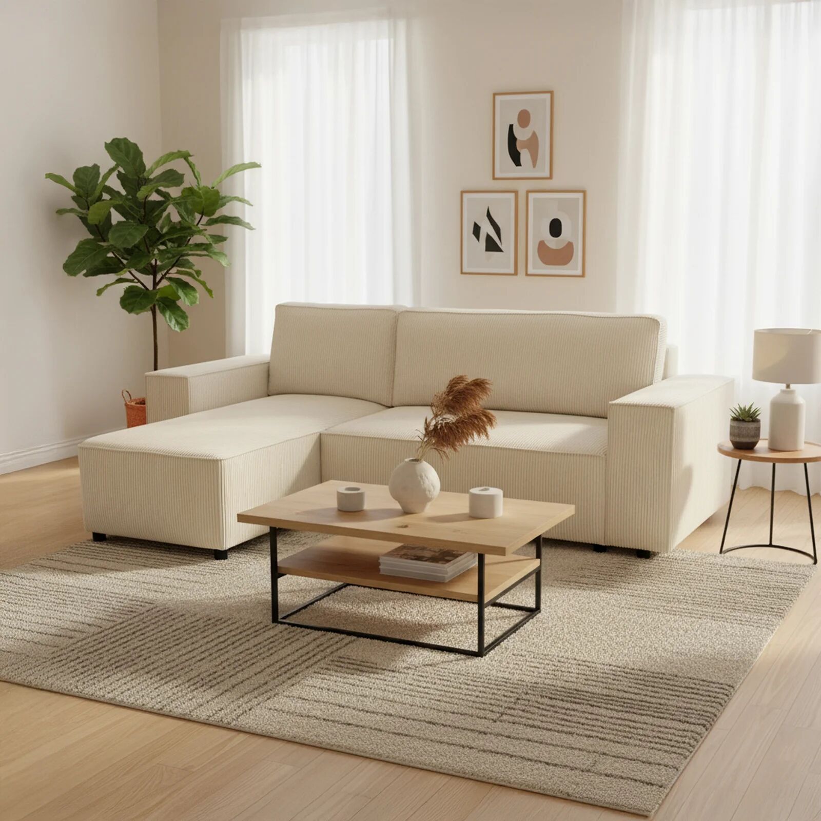 garneroarredamenti Divano letto angolare reversibile 242x155cm tessuto a coste beige Angels