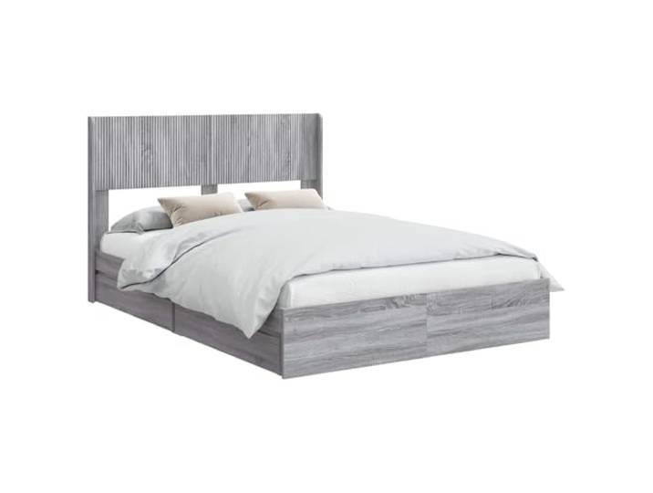 PUGYNBK Bettgestell mit Stauraum und Kopfteil, Grau Robustes Holz, Lattenrost, integrierte Fächer, modernes Design