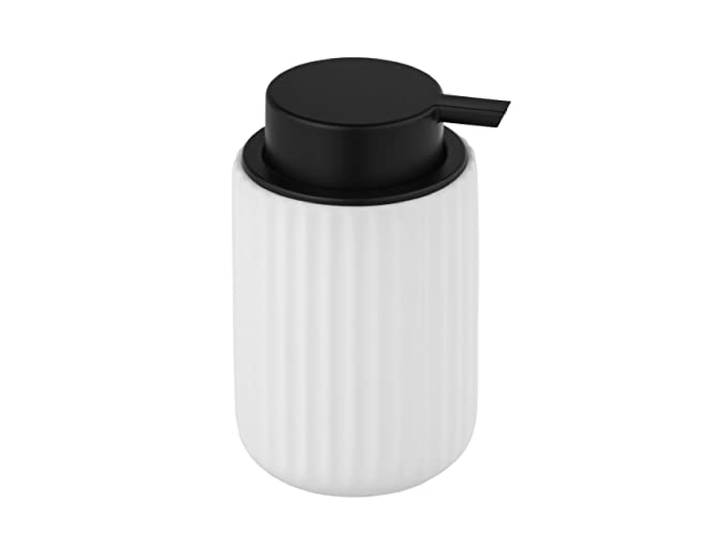 WENKO Distributeur de savon liquide Belluno\, distributeur de savon rechargeable en céramique \, capacité 300 ml\, céramique avec structure cannelée Soft-Touch moderne\, Ø8x13\,5 cm\, blanc - noir mat