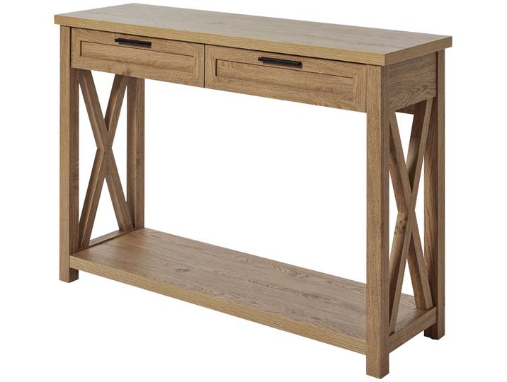 Konsolentisch JAHNKE Chalet , braun (montana eiche, montana eiche, montana eiche), B:110cm H:77,2cm T:34cm, Tische, Konsolentisch, Konsolentisch mit 2 Schubladen und Ablage, Landhausstil, X-Design
