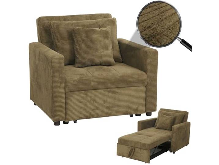 Mendler Schlafsessel HWC-L90 Liegefläche 200x100cm Stoff Cord - grün Klappsessel, Gästebett, Relaxsessel