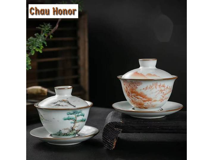 Gaiwan-Bols en porcelaine faits à la main Ru Kiln, théière, couvercle de théière, décoration de service à thé, paysage peint à la main de prairie, 170ml