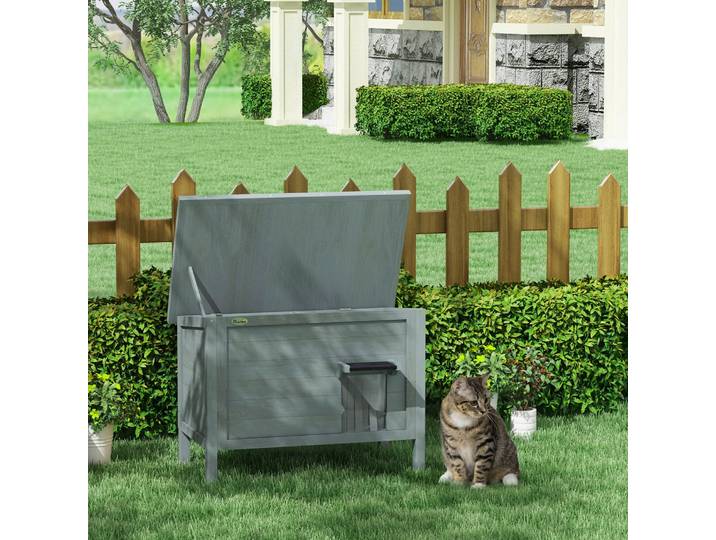 PawHut Maison Chat Extérieur Bois Surélevée Toit Ouvrable Gris