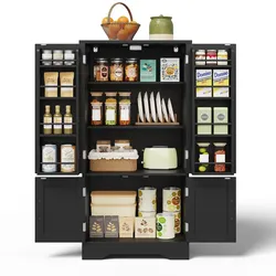 Hochschrank 120x60x40 cm mit LED Sensorlicht 4 Türen verstellbare Einlegeböden Türablage Anti Kipp Magnetschloss MDF Schwarz minimalistisches Design