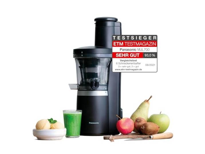Panasonic Slow Juicer MJ-L700KXE, elektrische Fruchtpresse, Entsaften von ganzen Früchten und Gemüse, 75-mm Öffnung, schlankes Design, sicher und praktisch, Schwarz, Mattschwarz