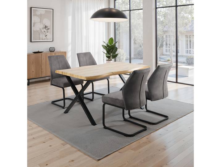 Essgruppe HELA ILLER Tisch 140x90 cm , grau (wildeiche, schwarz, vintage anthrazit, vintage anthrazit, schwarz), Microfaser VINTAGE, MDF, Metall, Stoff, Sitzmöbel-Sets, Essgruppe, 5tlg., Baumkante 46mm, X-Gestell, Schwingstuhl, Federkorb