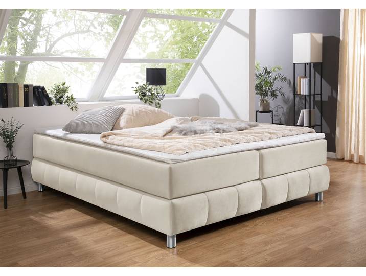 Boxspringbett, Samtoptik, Beige, 200×200 cm, Ohne Kopfteil, Modern, andas