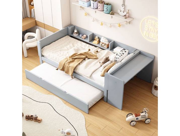 Lit enfant gris avec lit gigogne bureau intégré et 3 étagères latérales