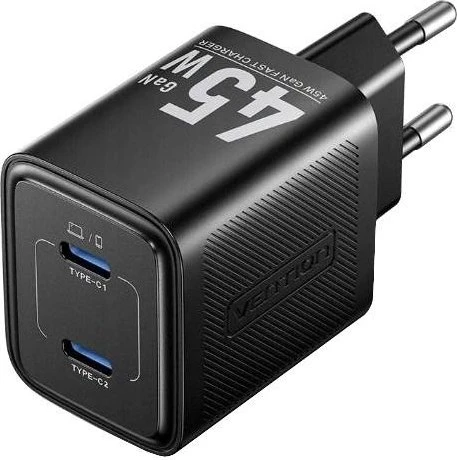 Vention 2-Port USB (C + C) GaN Charger (45W/45W) EU-Plug Black