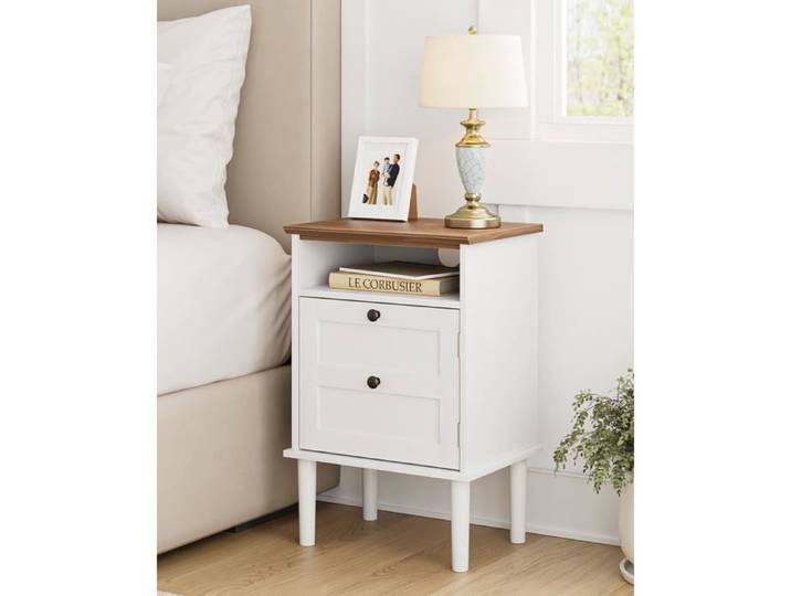 TABLE BASSE-ZENATERRA-Table de chevet blanche 1 tiroir et espace ouvert meuble de rangement pour chambre et salon
