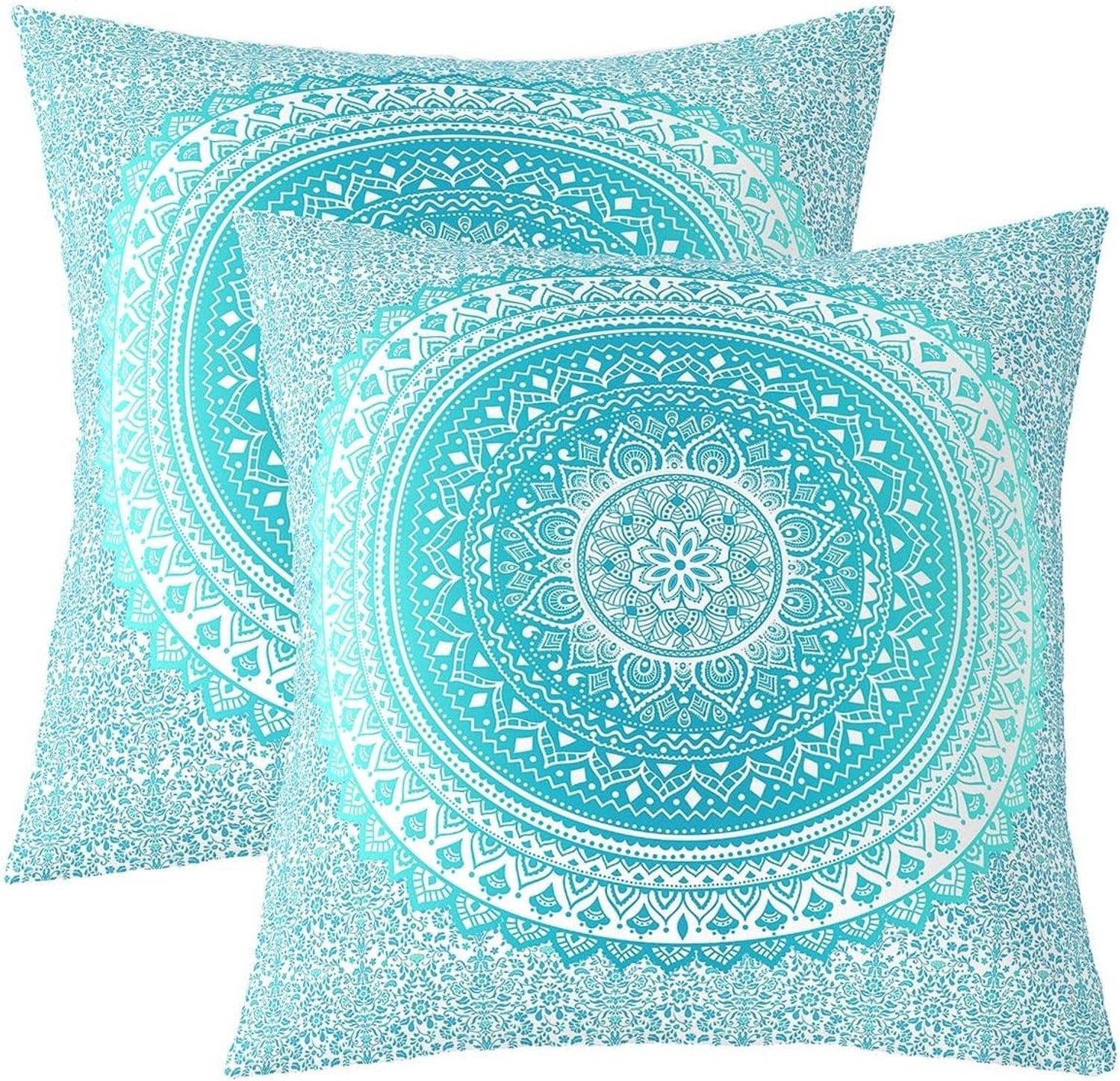 Boho Mandala sierkussensloop met aquarel groenblauw gradiënt en exotische bloemen