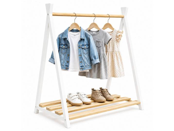 Relaxdays Kleiderständer Natur-Weiß Kiefernholz Kinder, Holz, 112x111.5x48 cm, Garderobe, Garderobenständer