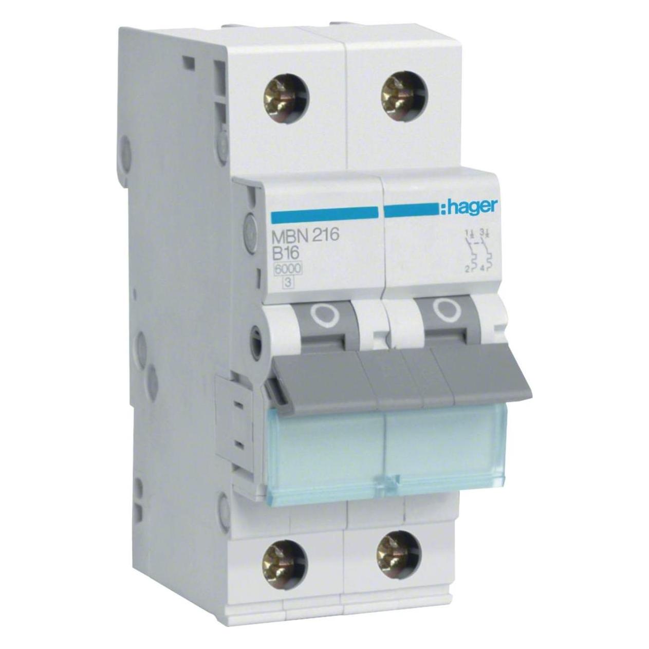 Hager MBN216. Anzahl der Pole: 2P. AC Eingangsfrequenz: 50/60 Hz, Nominale Stromabgabe: 16 A (MBN216)