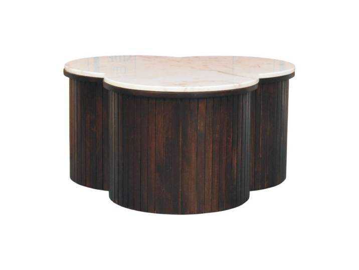 Artisan Furniture Couchtisch mit Samt-Mokka-Finish, Marmor, weiß und dunkelbraun, Dunkelbraun, Holz, Echtholz,Mangoholz, Rund,Rund, 82x42x82 cm, Wohnzimmer, Wohnzimmertische, Couchtische
