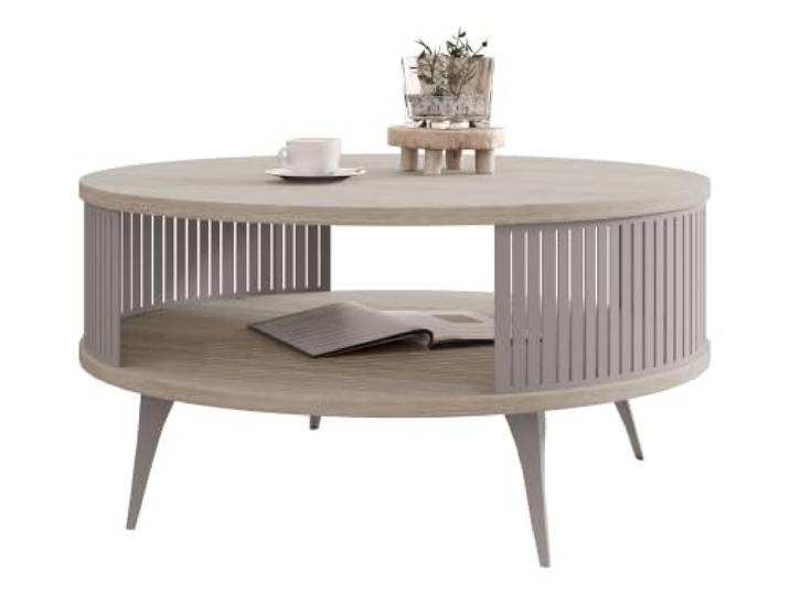 Mirjan24 Couchtisch Rajkon, runde Form (Travertin/Cashmere) Moderner Wohnzimmertisch mit praktischer Ablage, stabilem Stahlgestell und pflegeleichter Oberfläche