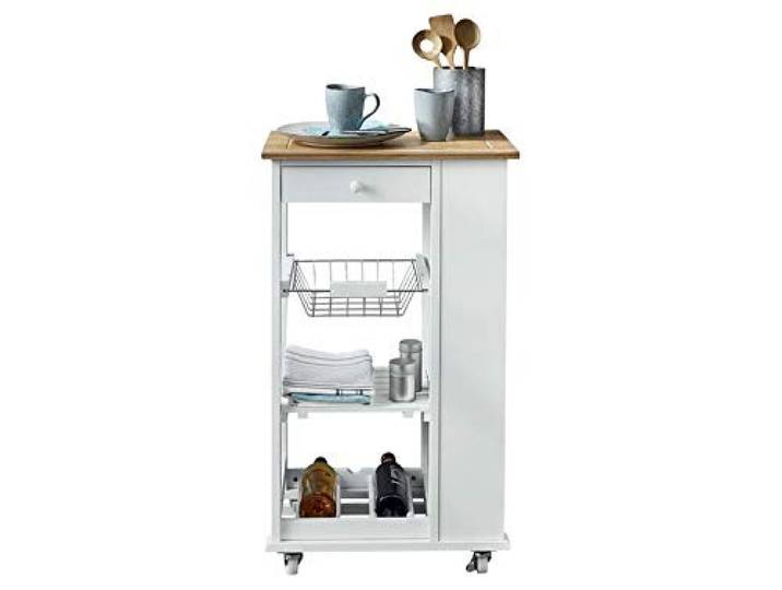Phoenix Nizza Servierwagen mit 1 Schublade, 1 Metallkorb, 1 Ablage und 1 Flaschenhaltern, Bambus-Arbeitsplatte, Kunststoffrollen, Weiss lackiert, Weiß, 50x86x37