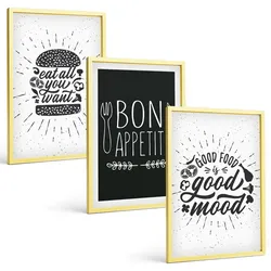 BILDER SET 3er Set - 40x60 cm Goldrahmen - Grafiken, Lebensmittel, kulinarische Slogans