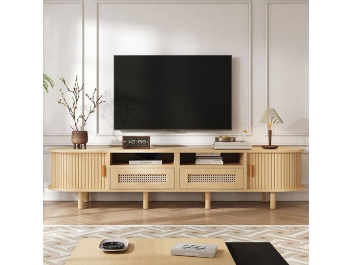 Meuble TV ovale 170*40*40 cm meuble TV avec 2 tiroirs en rotin 2 portes coulissantes meuble bas et table TV jusqu'à 70 pouces