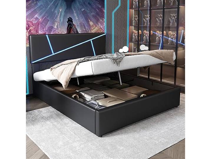 okwish Polsterbett 140x200 cm mit Bettkasten, Jugendbett mit LED-Kopfteil, Doppelbett mit stauraum, Stabiler Rahmen & einfache Montage, Schwarz Kunstleder, leicht zu reinigen, ohne Matratze
