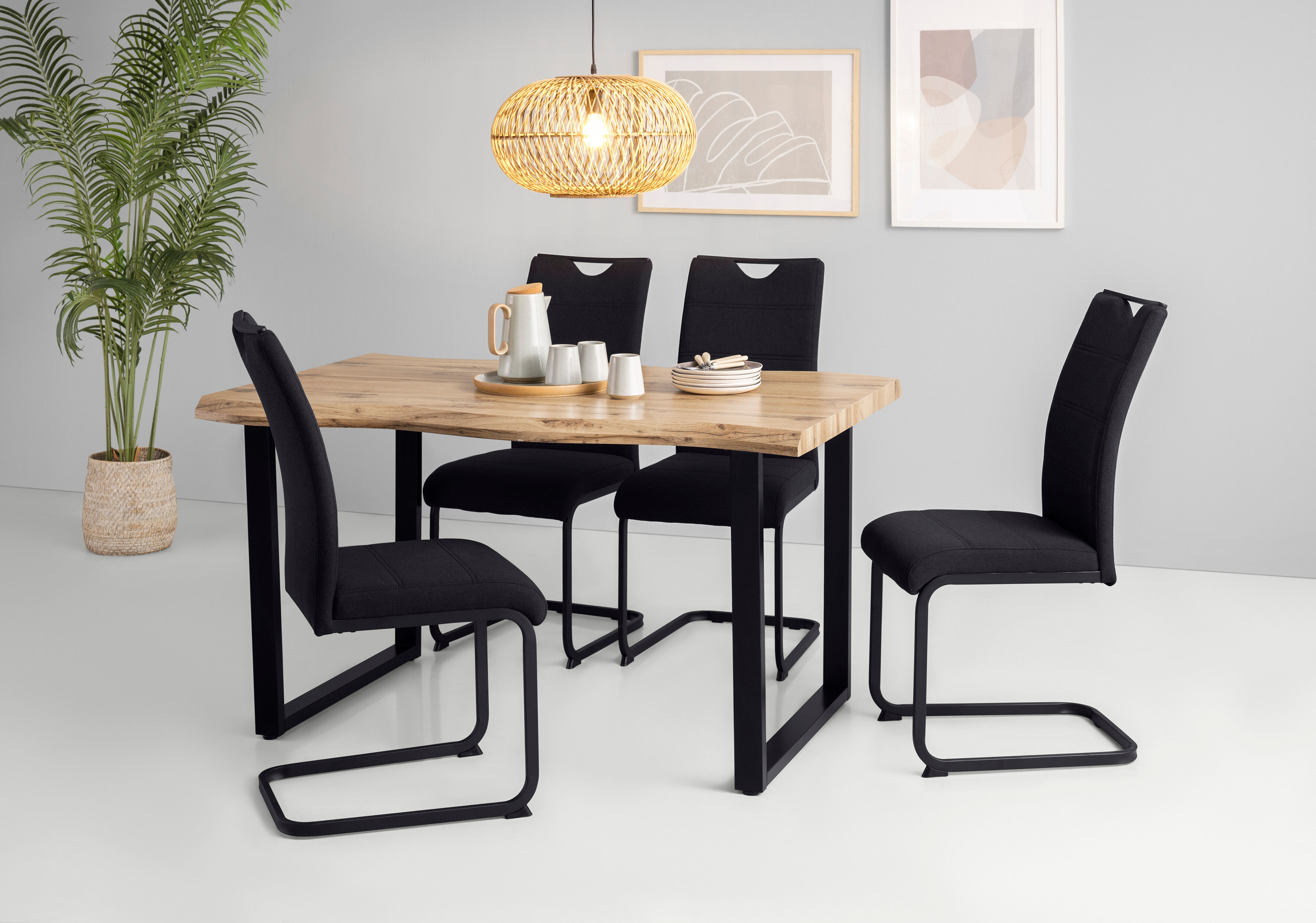 Essgruppe HELA "GISELLE Esszimmer, Essgruppe, Sitzgruppe", braun (wildeiche, schwarz, schwarz, schwarz), Sitzmöbel-Sets, Essgruppe, Esstisch U-Gestell Metall, Tischplatte mit Baumkante, OTTOs Choice wildeiche, schwarz, schwarz, schwarz Einheitsgröße