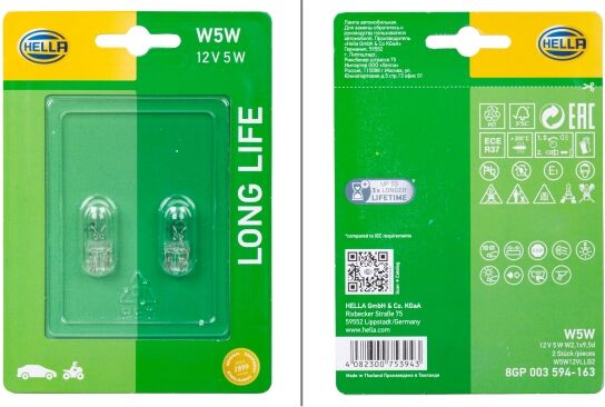 Hella Glühlampe, Schlussleuchte Blinkleuchte Long Life Up To 3x Longer Lifetime 8gp003594163 W5w