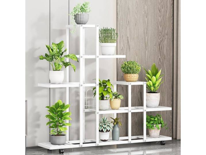 Étagère à plantes en métal - LUNSY - 93x26x91 5 cm - Blanc - Finition antirouille - Multi-niveaux