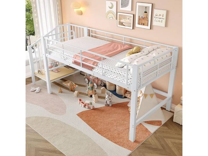 Lit mezzanine mi-hauteur 90x200 cm avec escalier de rangement Blanc