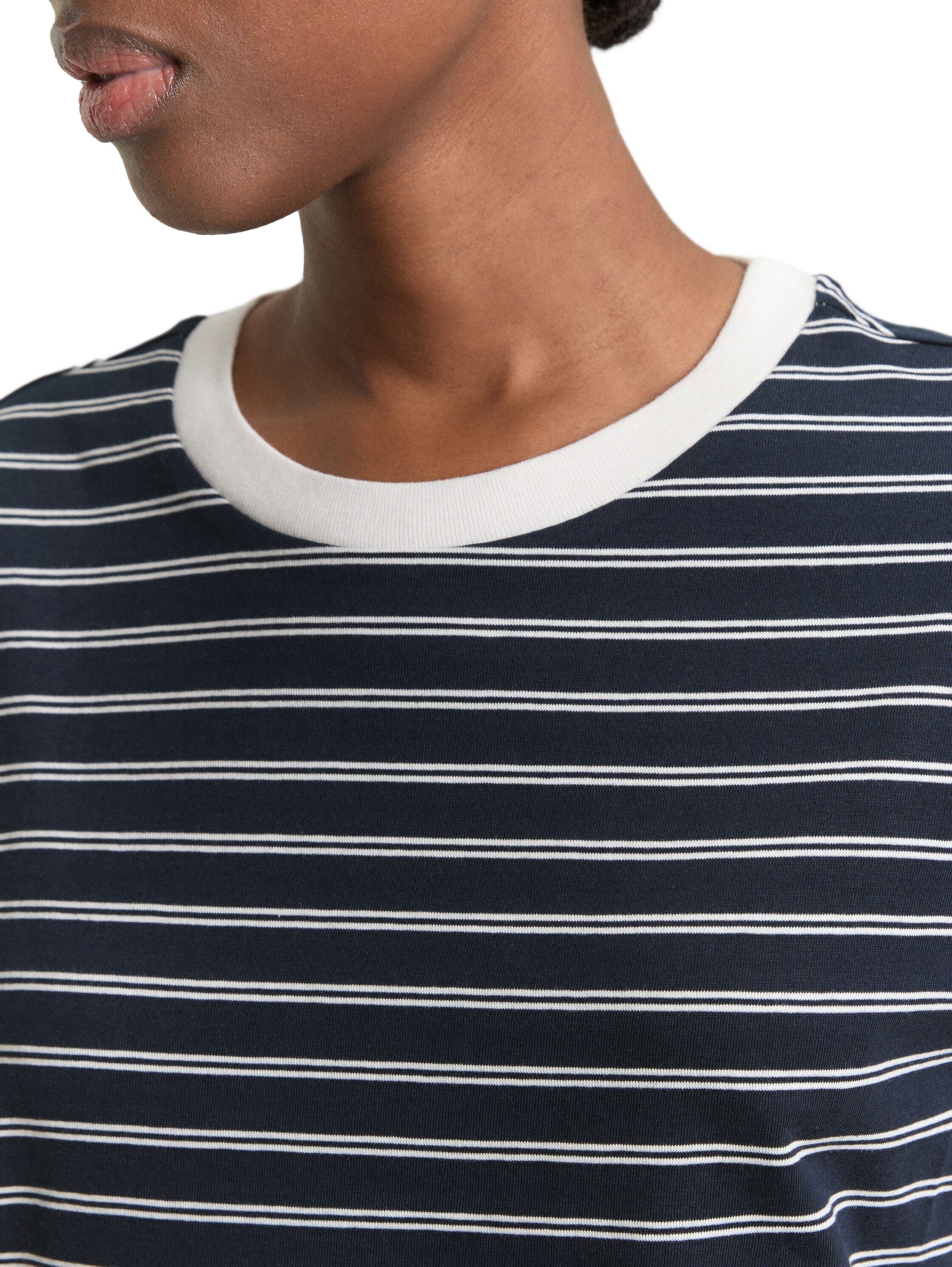 T-Shirt TOM TAILOR DENIM, Damen, Gr. XS, schwarz-weiss (navy irregular stripes), Single Jersey, Obermaterial: 100% Baumwolle, gestreift, regular fit normal, Rundhals, gerader Abschluss, Shirts T-Shirt, mit Streifen Muster navy irregular stripes XS