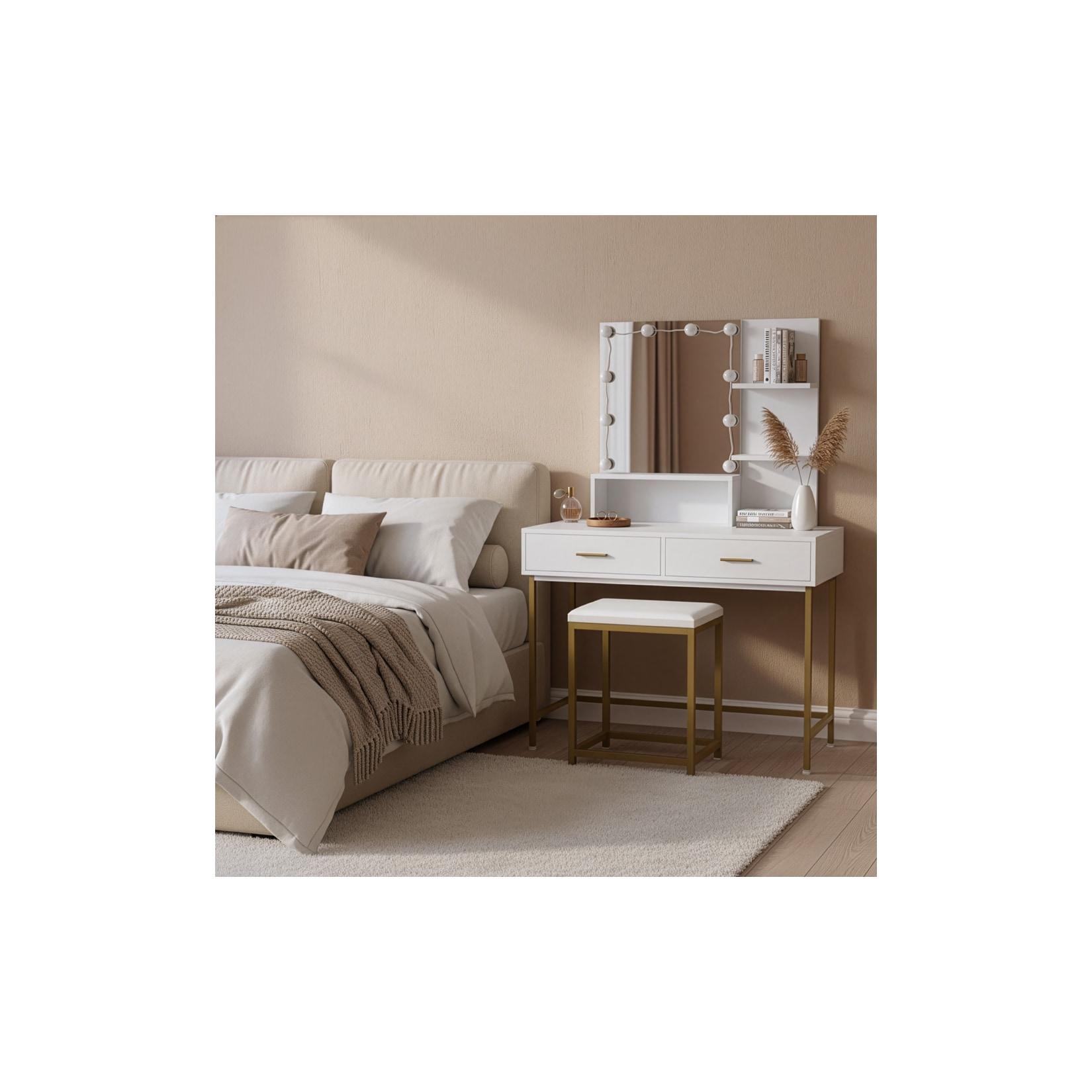 HOME DELUXE Schminktisch mit Spiegel und LED-Beleuchtung KASIA – Weiß/Gold