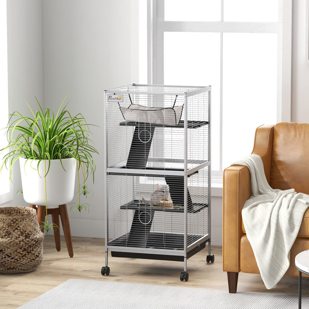 PawHut Rolling Small Animal Cage for Chinchillas Ferrets Kittens with Ramp Grey 113.5cm H X 52cm W X 52cm D