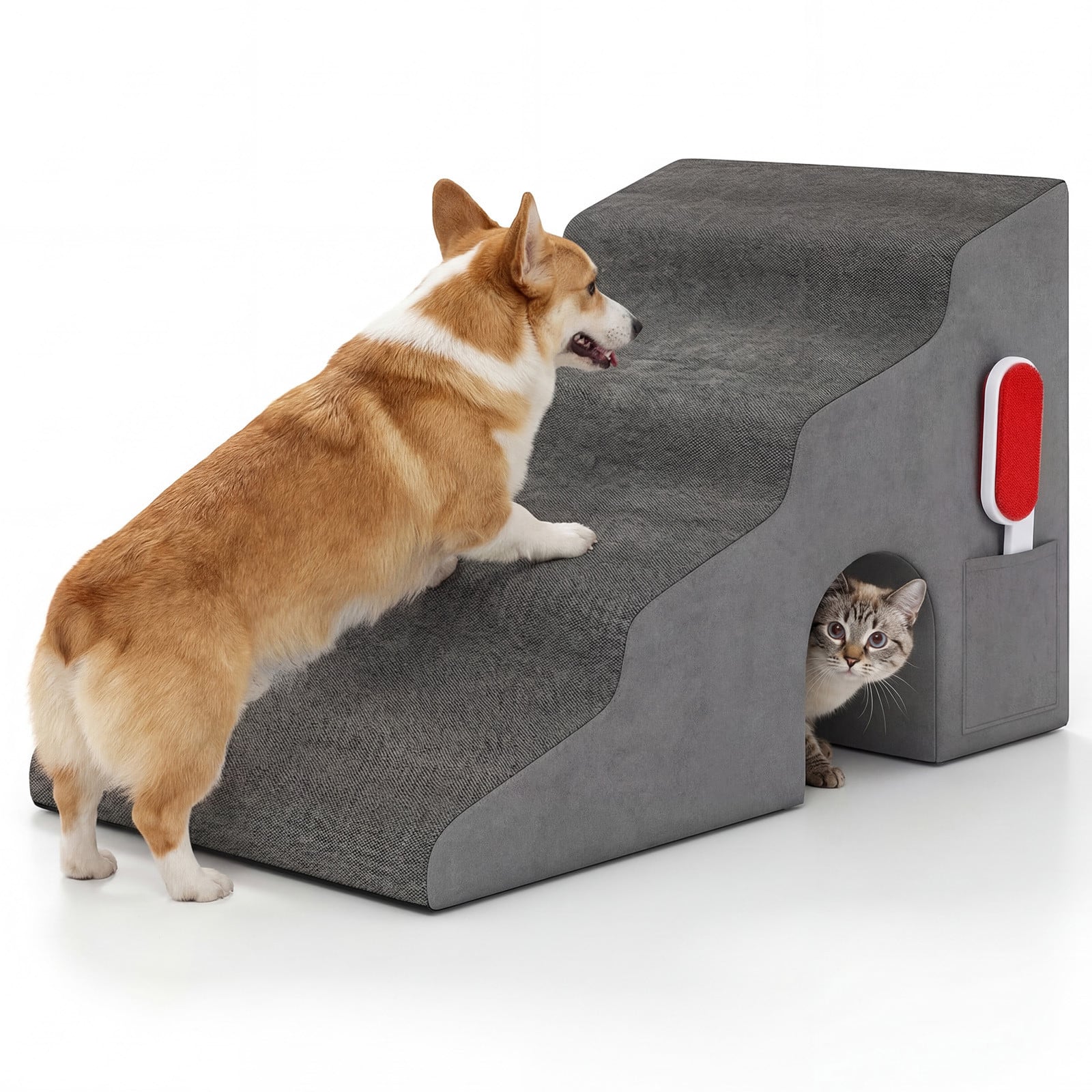 Costway Hondentrap 4 treden met gat en pluisborstel, grijs, Hoogte: 43 cm