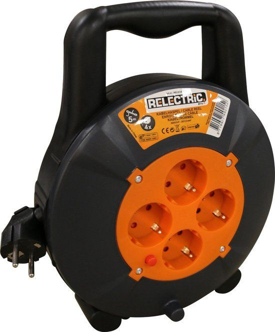 Relectric Kabelhaspel RELEC492152 met 4 stopcontacten en randaarde, 5 meter, Zwart Oranje