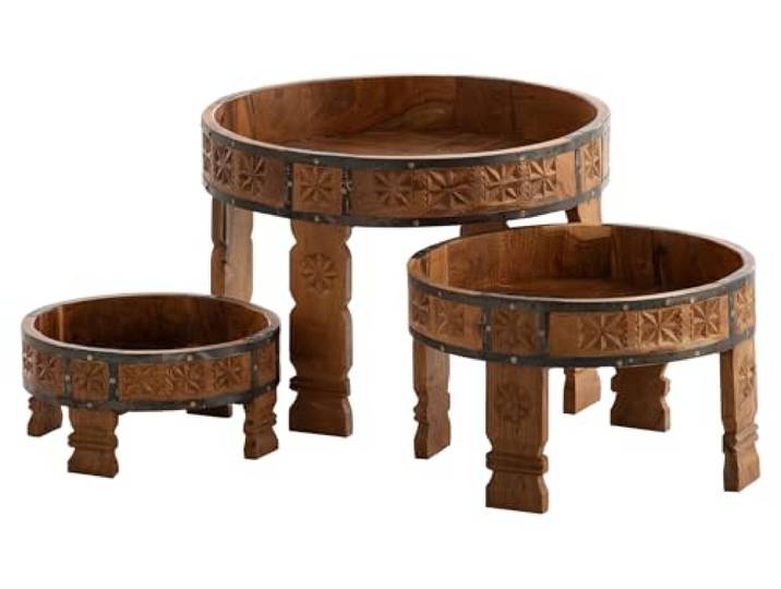Woodkings 3er Set indische Beistelltische Chakki I Couchtisch aus Mangoholz geschnitzt Massivholz rustikal Echtholz Wohnzimmer Sofatisch rund Satztische Boho-Style Used Finish
