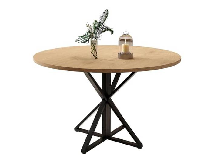 Thaookte Runder Esstisch 120 cm (47 Zoll) für 4–6 Personen – Eiche-Optik Tischplatte – Metall-Mittelfuß (Pedestal), platzsparend – Farbe: Schwarz Eisen + Holzfarbe