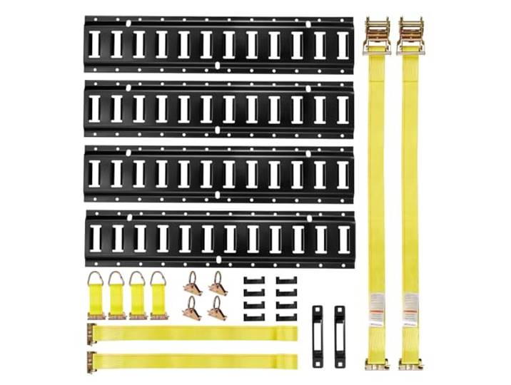 VEVOR Kit Rails Arrimage E-Track\, 4 Rails E Track 0\,6 m\, 20 Accessoires Dont 2 Sangles à Cliquet\, 4 Joints Toriques\, 4 Attaches Anneau D\, 2 Fentes Simples\, 8 Embouts\, pour Fourgons Remorques Garages