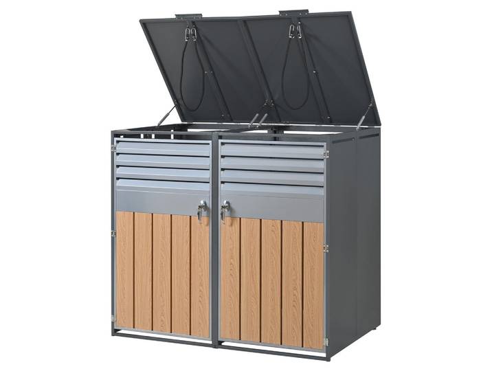 ComfortXL Mülltonnenbox Zweiteilig Holzmaserung Grau, Metall, 132x118.5x80 cm, Gartenzubehör, Mülltonnenbox