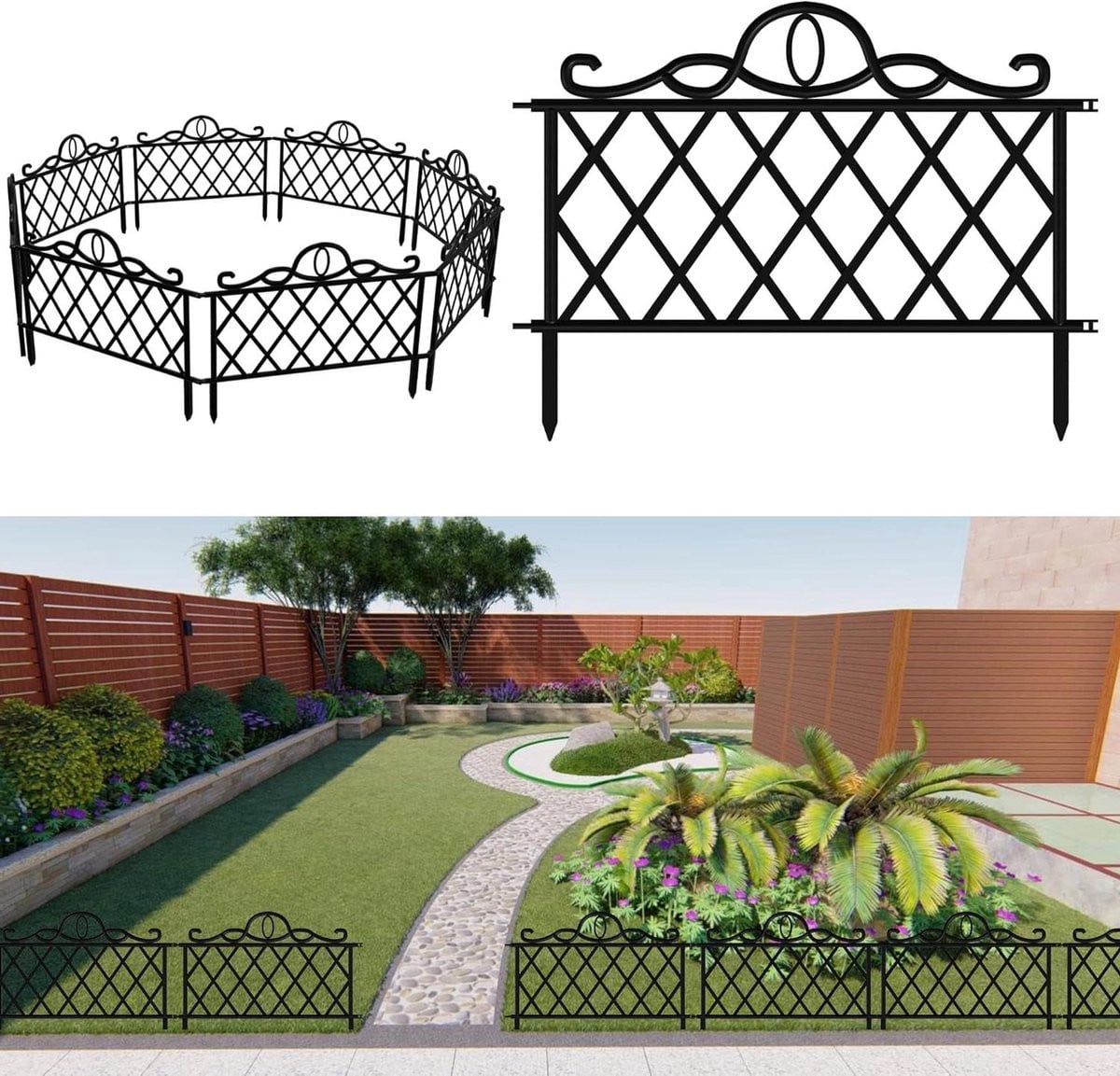 Set van 8 stuks kunststof decoratieve tuinomheining, totale lengte 37 meter, zwart en multicolor