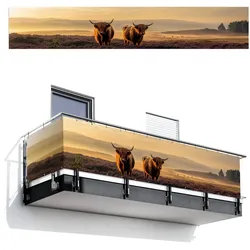 BALKON-SICHTSCHUTZ Schottische Hochlandbewohner - Heide - Landschaft - Tiere Groß 500x90 cm