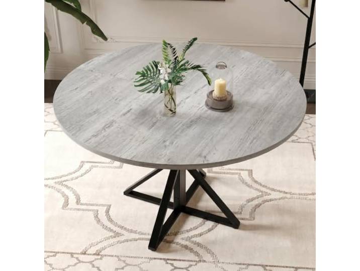 Zstar Moderner runder Esstisch 120 cm für 4–8 Personen – Graue Holzoptik-Tischplatte mit X-Metallgestell im Industriedesign, für Küche & Wohnzimmer – Farbe: Grau