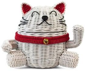 G6 Collection Lucky Cat Rattan Storage Basket with Lid Decorative Bin Home Decor Hand Woven Shelf Organizer Cute Handmade Handcrafted Gift